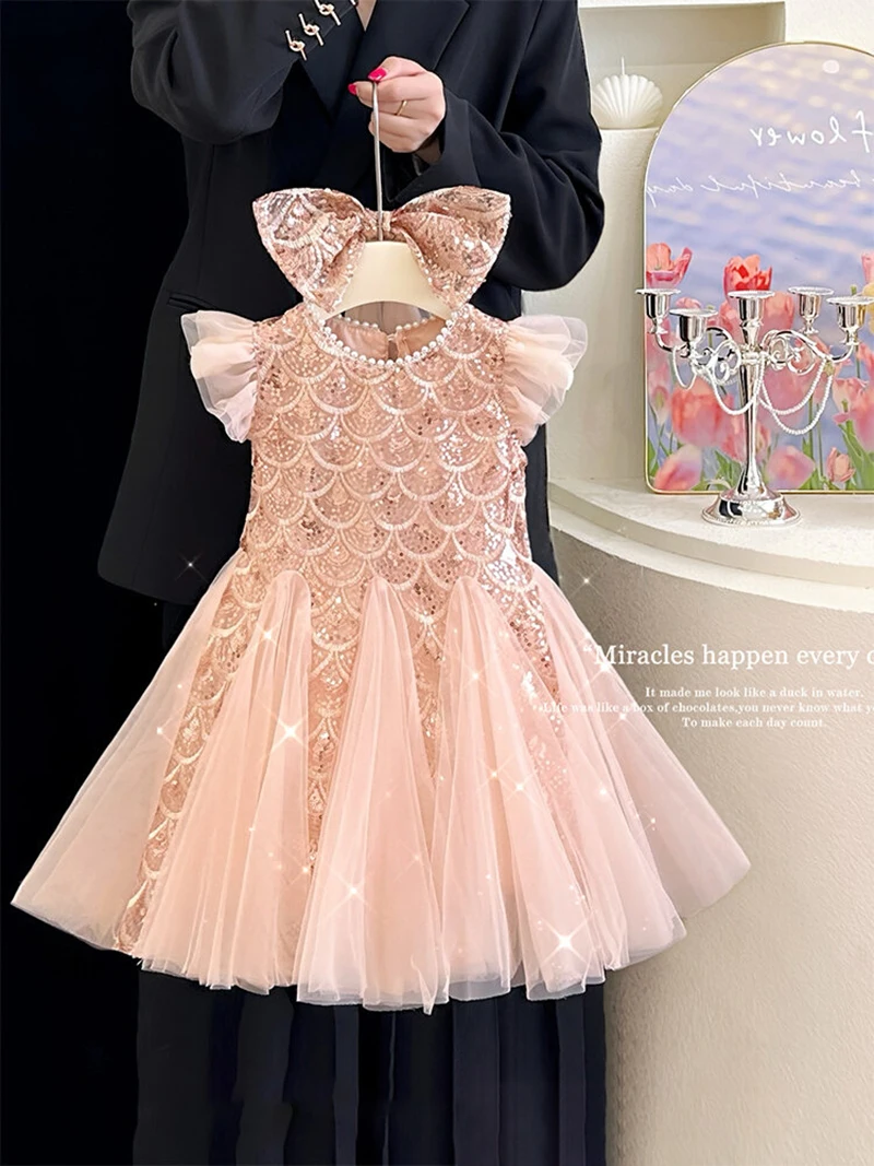 Pink Princess Dress for Children Sequined Fly Sleeve Birthday Party Gowns Summer Bow Tulle Flower Girls Dresses for Wedding
Pink Princess Dress for Children Sequined Fly Sleeve Birthday Party Gowns Summer Bow Tulle Flower Girls Dresses for Wedding