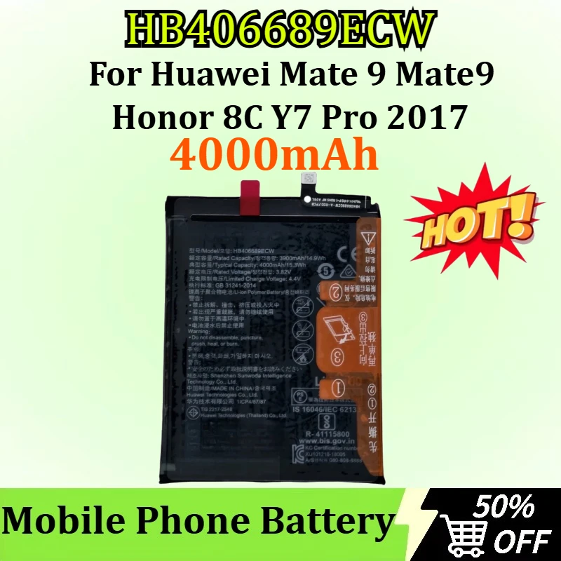 New HB406689ECW 4000mAh Phone Battery for Huawei Mate 9 Mate9 Honor 8C Y7 Pro 2017 Prime Enjoy 7 Plus Y9 2018 Y9 2019 Replacemet
New HB406689ECW 4000mAh Phone Battery for Huawei Mate 9 Mate9 Honor 8C Y7 Pro 2017 Prime Enjoy 7 Plus Y9 2018 Y9 2019 Replacemet