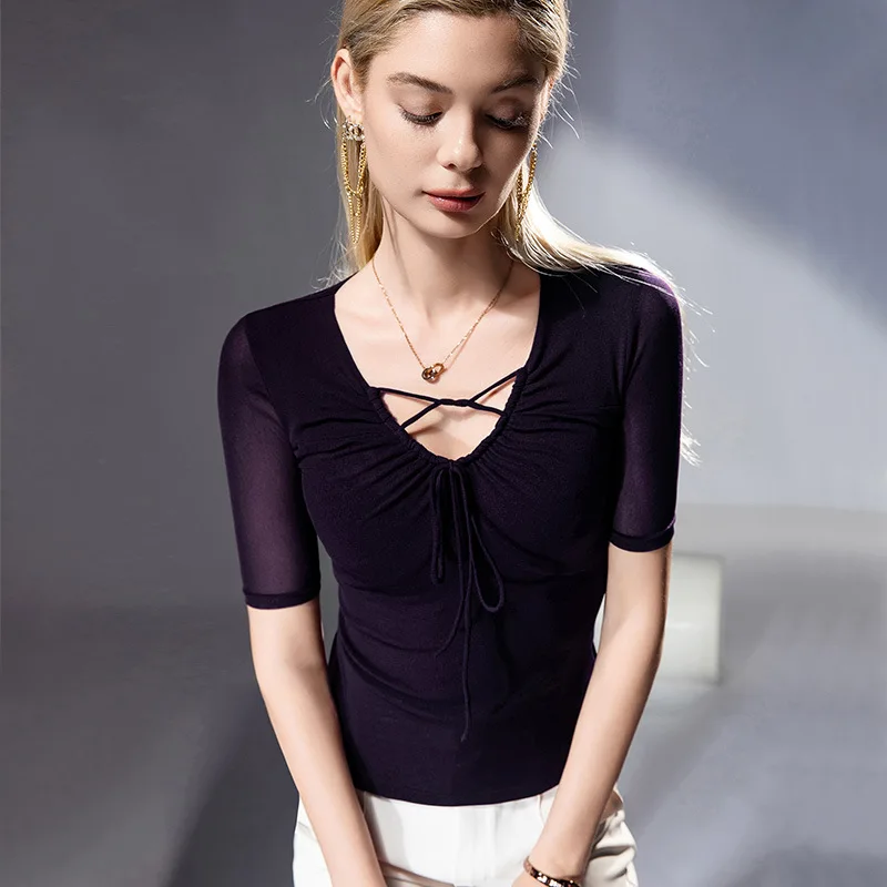 New 2025 Purple Top Women's Spring Summer New Mesh Half Sleeve T-Shirt Sexy Slim V-Neck T-Shirt Y2k Girls Alo
New 2025 Purple Top Women's Spring Summer New Mesh Half Sleeve T-Shirt Sexy Slim V-Neck T-Shirt Y2k Girls Alo