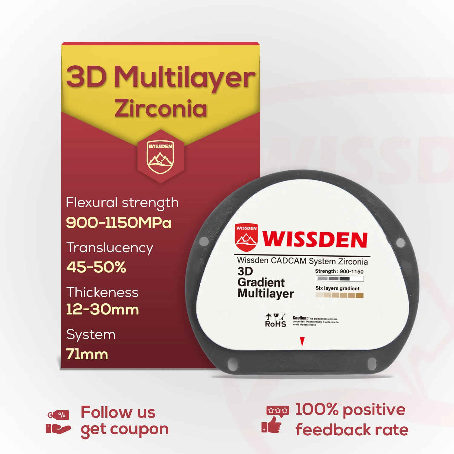 Wissden Dental Lab Materials Multilayer Zirconia Blocks 3D 71,12-30mm CAD/CAM
Wissden Dental Lab Materials Multilayer Zirconia Blocks 3D 71,12-30mm CAD/CAM