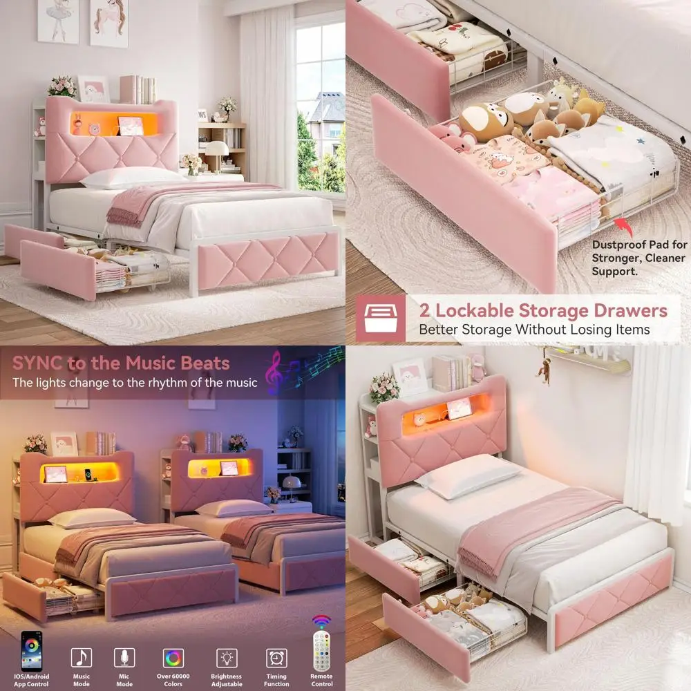 Двуспальная кровать с мягкой обивкой, LED-подсветкой, ящиками для хранения и книжным шкафом, дизайн платформы из велюра, подходит для детей, металлическая опора, без коробчатого основания.
Двуспальная кровать с мягкой обивкой, LED-подсветкой, ящиками для хранения и книжным шкафом, дизайн платформы из велюра, подходит для детей, металлическая опора, без коробчатого основания.