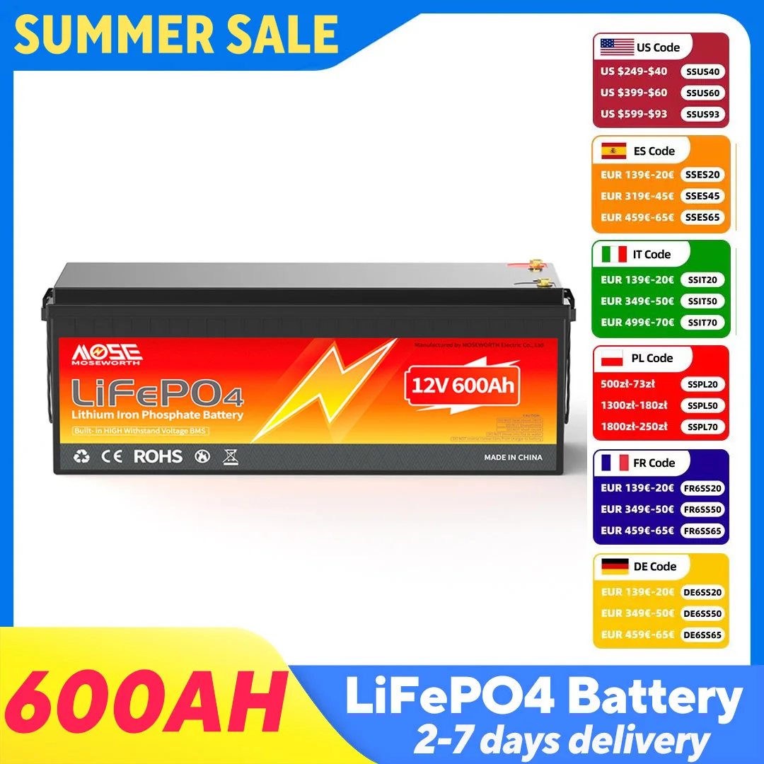 MOSEWORTH 12V 600AH LiFePO4 Lithium Battery with 200A BMS 7680Wh Rechargeable Batteries 10000+ Cycles for RV Boat Solar Panel
MOSEWORTH 12V 600AH LiFePO4 Lithium Battery with 200A BMS 7680Wh Rechargeable Batteries 10000+ Cycles for RV Boat Solar Panel