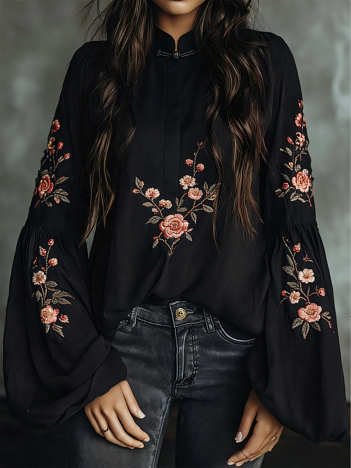 Women's Plus Size Floral Printed Blouse Mandarin Collar with Frog Button Long Balloon Sleeve Boho Casual Top
Women's Plus Size Floral Printed Blouse Mandarin Collar with Frog Button Long Balloon Sleeve Boho Casual Top