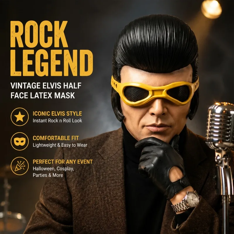 Halloween Latex Half Face Elvis Mask Realistic Human Headgear Party Cosplay Costume Headwear Vivid Character Dress Up Prop
Halloween Latex Half Face Elvis Mask Realistic Human Headgear Party Cosplay Costume Headwear Vivid Character Dress Up Prop
