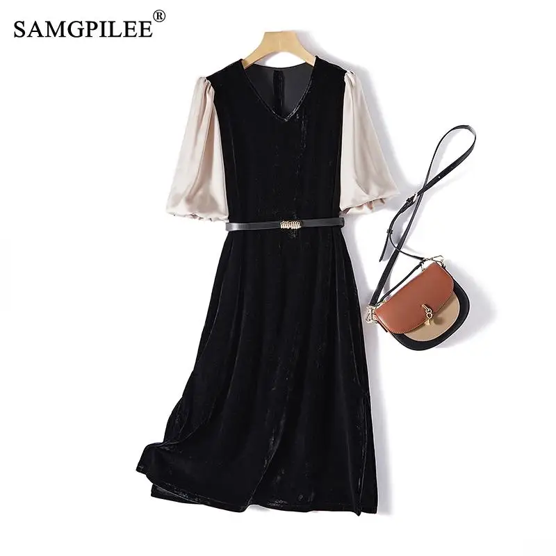 Korean Fashion Dresses For Women 2022 Lantern Sleeves Contrast Color Gold Velvet Tie Waist Over Knee V-neck Autumn Party Dress
Korean Fashion Dresses For Women 2022 Lantern Sleeves Contrast Color Gold Velvet Tie Waist Over Knee V-neck Autumn Party Dress