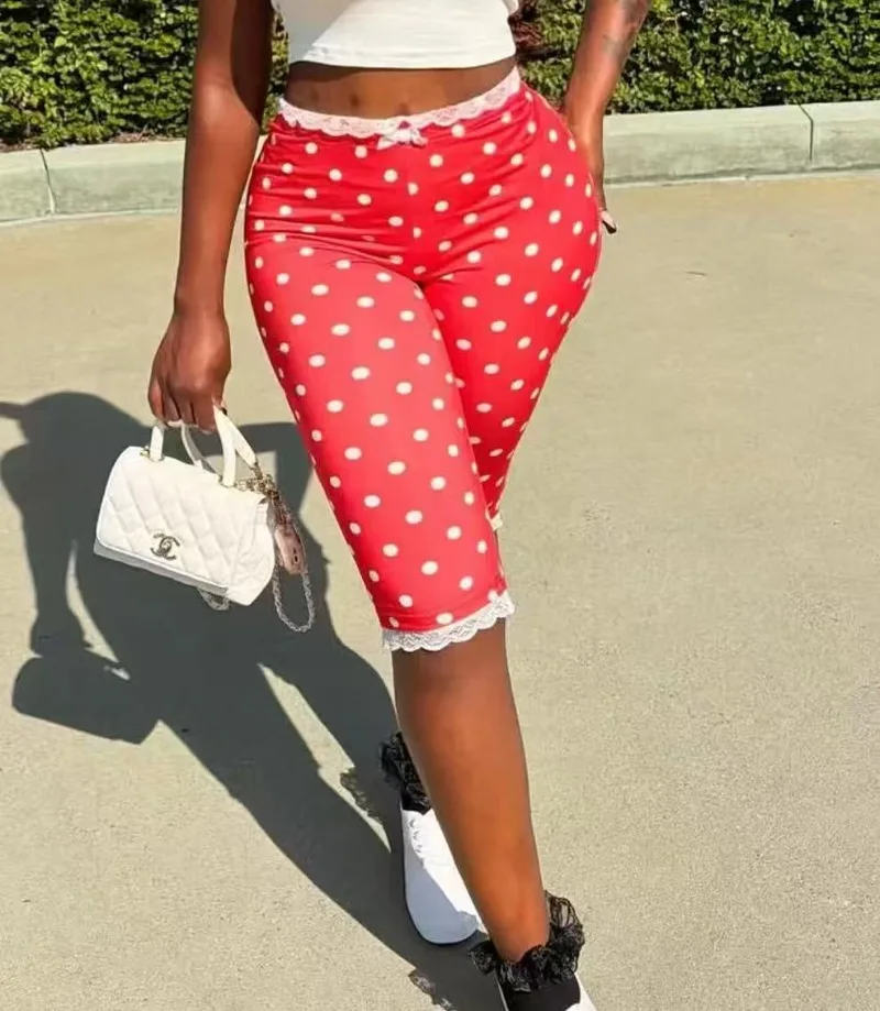 Polka Dots Print Lace Patchwork Skinny Knee Length Pants Women Fashion Bow High Waist Peach Hip Slim Casual Streetwear Trousers
Polka Dots Print Lace Patchwork Skinny Knee Length Pants Women Fashion Bow High Waist Peach Hip Slim Casual Streetwear Trousers