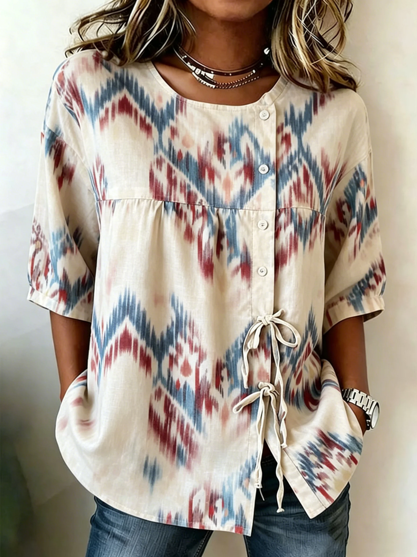 Women's Spring Summer Drawstring Blouse, Boho Ikat Tie-Dye Print Casual Tops for Daily Street Holiday Dating & Leisure Outfit
Women's Spring Summer Drawstring Blouse, Boho Ikat Tie-Dye Print Casual Tops for Daily Street Holiday Dating & Leisure Outfit