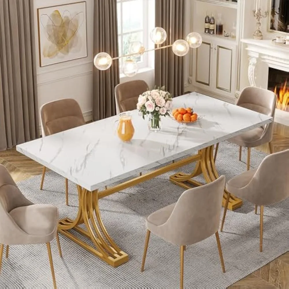 63-Inch Rectangular Dining Table for 4 to 6, White Gold Kitchen Tables for Dining Room, Modern Dinner Table with Faux Marble To
63-Inch Rectangular Dining Table for 4 to 6, White Gold Kitchen Tables for Dining Room, Modern Dinner Table with Faux Marble To