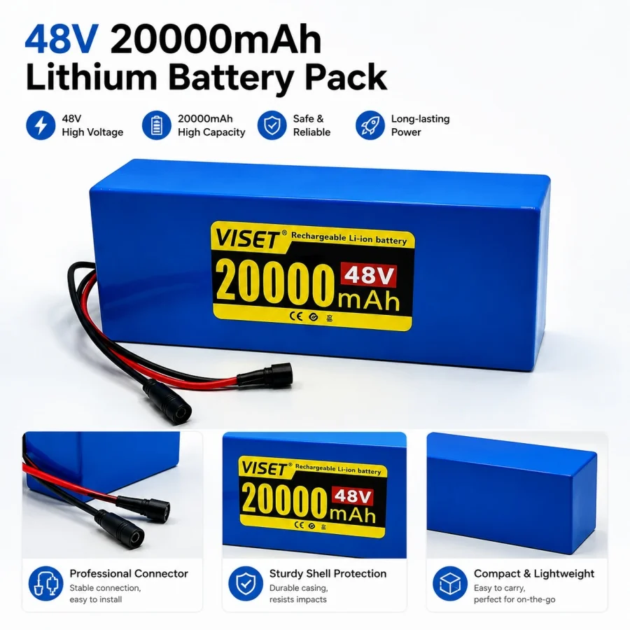 VISET 48V 10-20Ah Lithium Battery Pack with Built-in BMS, 250-3000W for E-Bike & Electric Scooter, Includes Charger
VISET 48V 10-20Ah Lithium Battery Pack with Built-in BMS, 250-3000W for E-Bike & Electric Scooter, Includes Charger