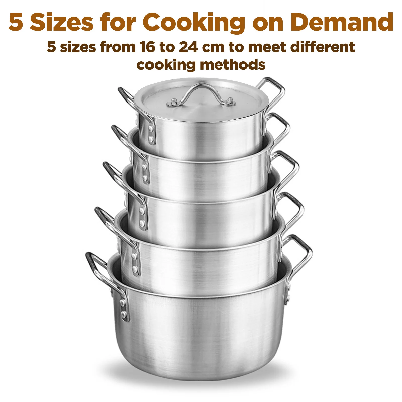 10pcs Aluminum Cookware Set - 5 Pots And 5 Lids (6.3/7.09/7.87/8.66/9.45inch), Sandblasted Non-Stick, Durable for Steaming/Boiling | Steamer, Kitchen Essentials
10pcs Aluminum Cookware Set - 5 Pots And 5 Lids (6.3/7.09/7.87/8.66/9.45inch), Sandblasted Non-Stick, Durable for Steaming/Boiling | Steamer, Kitchen Essentials