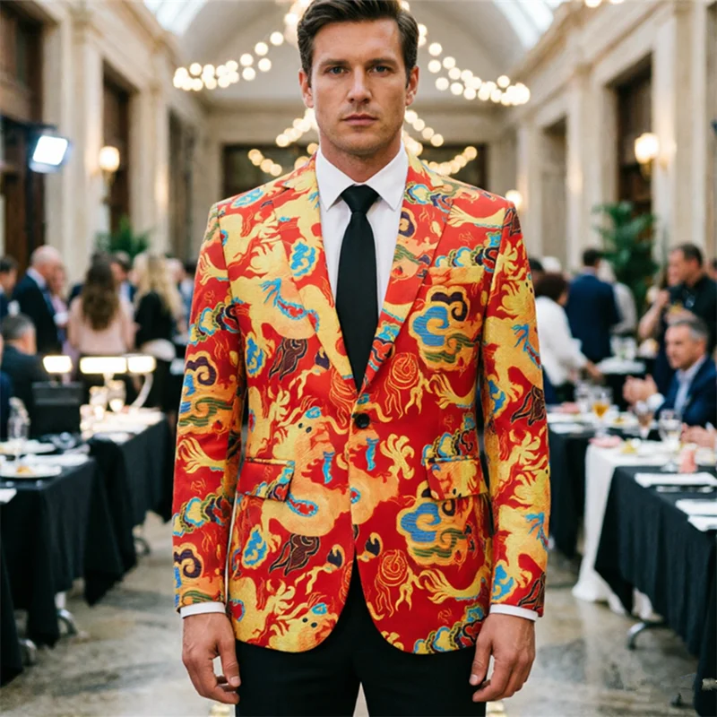 New Mens Chinese Style Dragon Totem Patterned Suit Wedding Banquet One Button Jacket , Fashion Men 3D Digital Printed Blazer
New Mens Chinese Style Dragon Totem Patterned Suit Wedding Banquet One Button Jacket , Fashion Men 3D Digital Printed Blazer