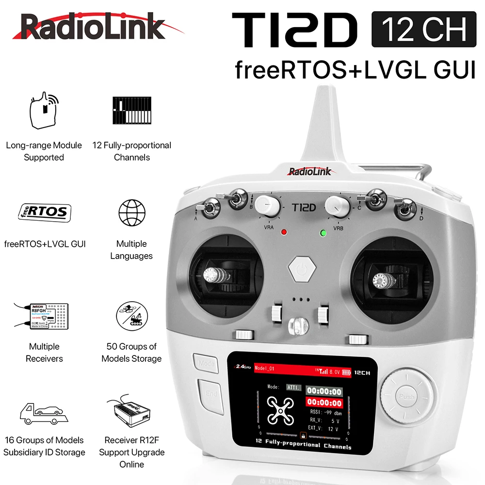 RadioLink T12D 12CH 2.4GHz RC Transmitter 4000M Remote Controller with R12F Receiver for FPV Drone Car Boat Robot
RadioLink T12D 12CH 2.4GHz RC Transmitter 4000M Remote Controller with R12F Receiver for FPV Drone Car Boat Robot