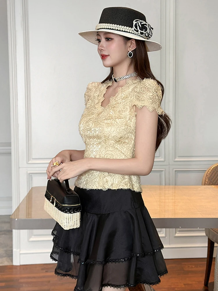 New Summer Women 3D Lace Floral V-Neck Tops Elegant Sweet Hook Flower Hollow Blouse Slim Short T-Shirt Lady Clothes Party Casual
New Summer Women 3D Lace Floral V-Neck Tops Elegant Sweet Hook Flower Hollow Blouse Slim Short T-Shirt Lady Clothes Party Casual