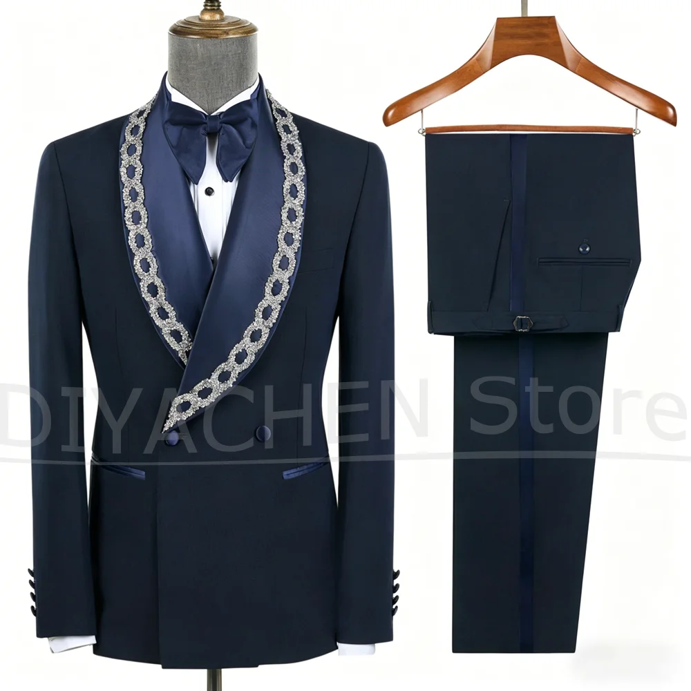 Luxury Navy Blue Beaded Lapel Men Two Piece Tuxedo Suit Double Breasted Wedding Blazer and Pants Formal Evening Party Outfit
Luxury Navy Blue Beaded Lapel Men Two Piece Tuxedo Suit Double Breasted Wedding Blazer and Pants Formal Evening Party Outfit