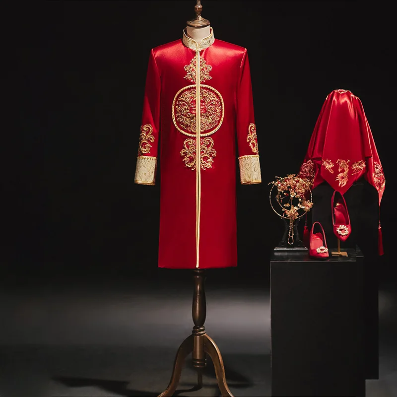 Classic Embroidery Costume for Men, Wedding Bridegroom, Long Robe, Stage Performance, Toast Clothing, Chinese Style
Classic Embroidery Costume for Men, Wedding Bridegroom, Long Robe, Stage Performance, Toast Clothing, Chinese Style