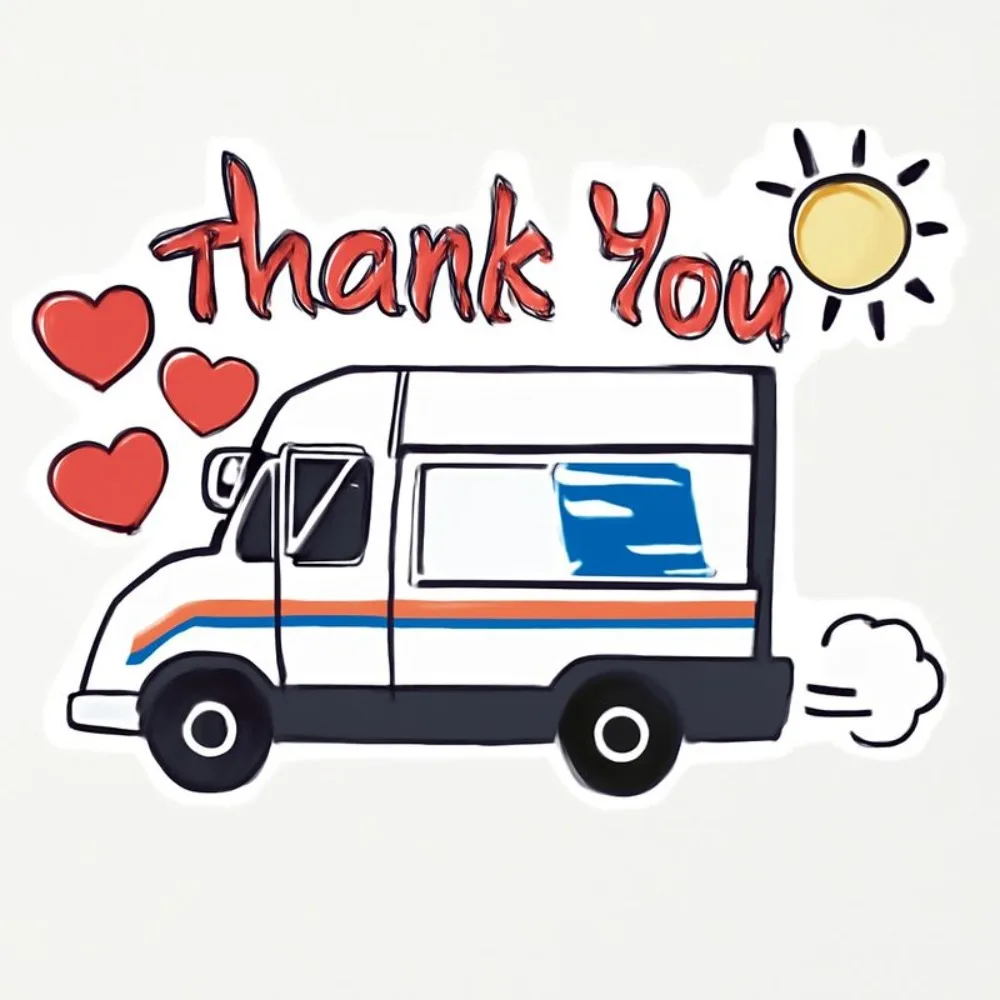 Car Vinyl Decal Whimsical Cartoon Delivery Truck Design with Blue/ Orange Stripes Red Hearts Yellow Sun and 'Thank You' Text
Car Vinyl Decal Whimsical Cartoon Delivery Truck Design with Blue/ Orange Stripes Red Hearts Yellow Sun and 'Thank You' Text