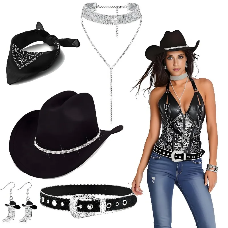 Cowboy Costume Outfit for Women Glitter Choker Necklace Cowboy Hat Buckle Belt Accessories Set for Halloween Cosplay Party
Cowboy Costume Outfit for Women Glitter Choker Necklace Cowboy Hat Buckle Belt Accessories Set for Halloween Cosplay Party