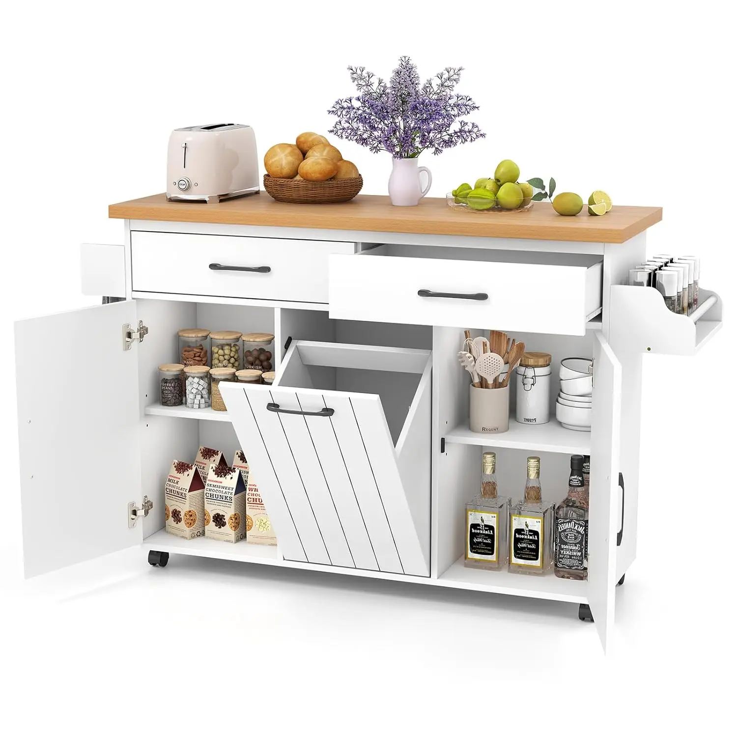 Mobile Kitchen Island Tilt-Out Trash Cabinet Rolling Cart Spice Rack Towel Bar Adjustable Shelves Dining Room White, Customized
Mobile Kitchen Island Tilt-Out Trash Cabinet Rolling Cart Spice Rack Towel Bar Adjustable Shelves Dining Room White, Customized