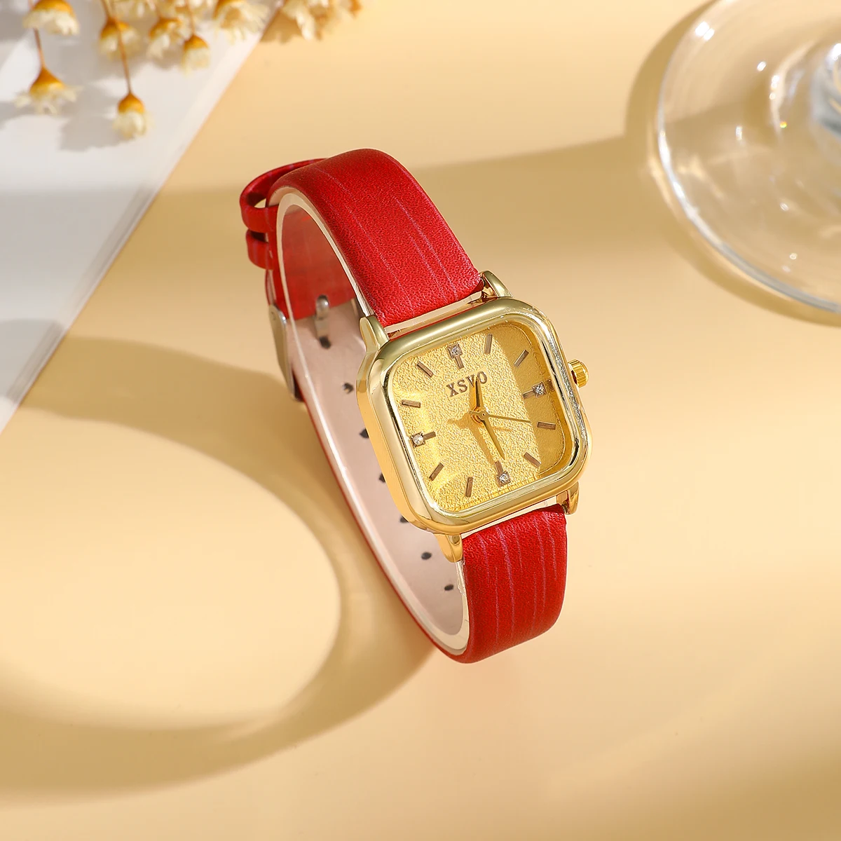 XSVO Chic Square Women's Watch - Gold Case Red Leather Strap, Glitter Gold Dial with Crystal Studs, Elegant Quartz Wristwatch fo
XSVO Chic Square Women's Watch - Gold Case Red Leather Strap, Glitter Gold Dial with Crystal Studs, Elegant Quartz Wristwatch fo
