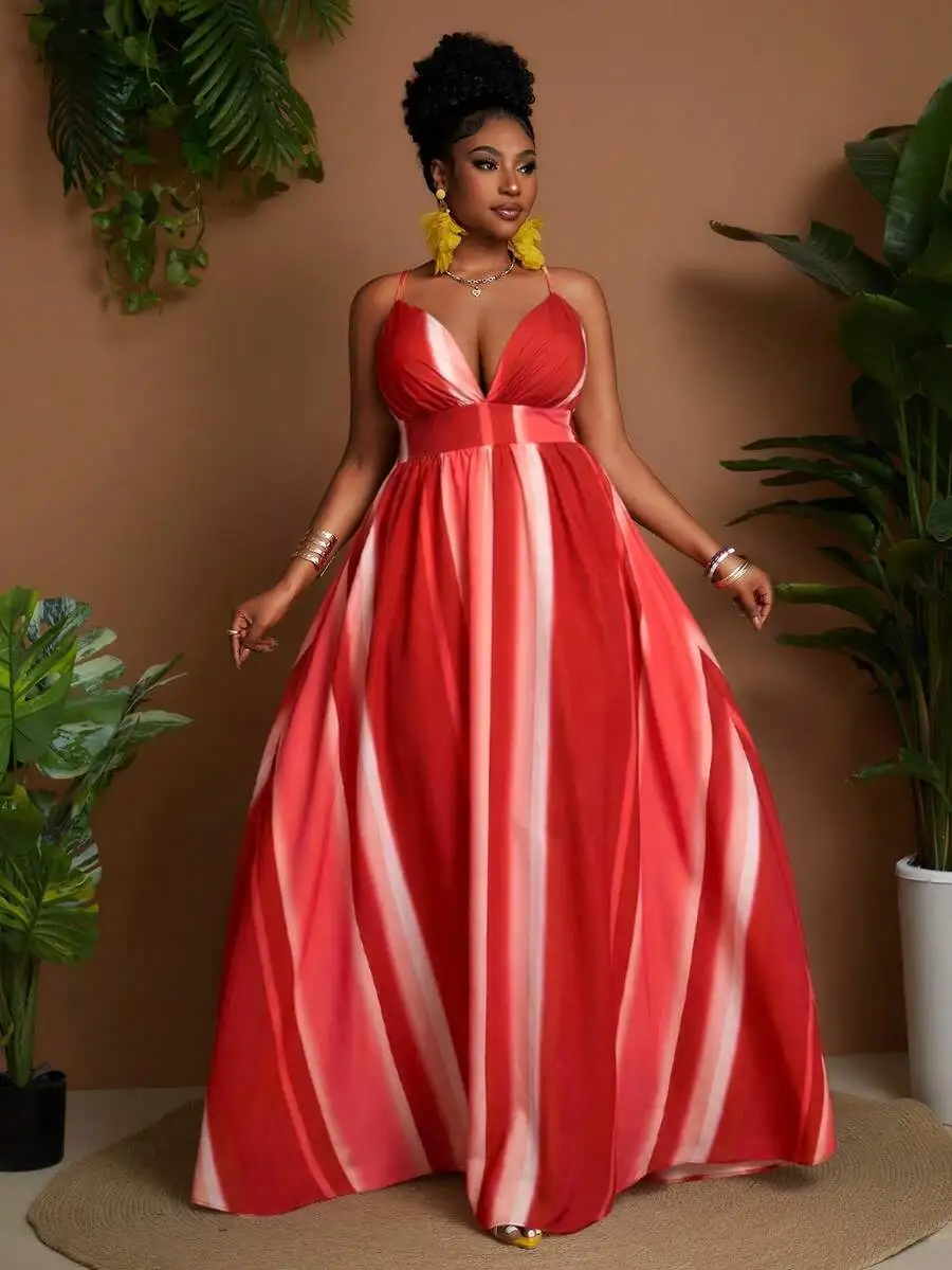 Red And White Striped Sleeveless V-Neck Floor Length Maxi Dress For Women
Red And White Striped Sleeveless V-Neck Floor Length Maxi Dress For Women