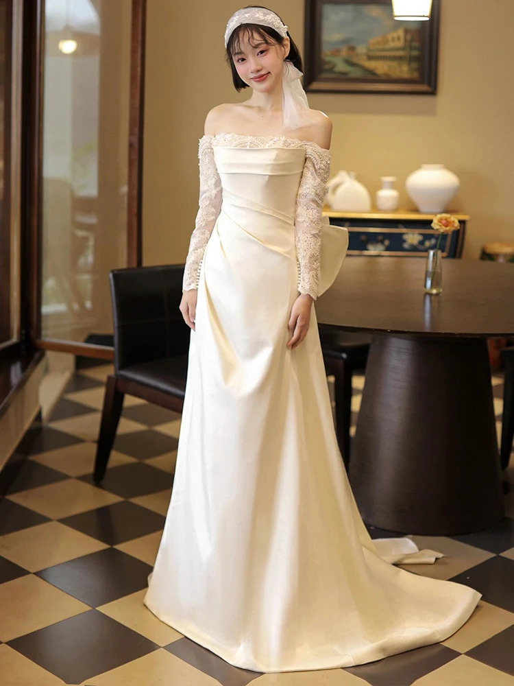 Ele Long Sve Satin Wedding Dr One oulder Floor Length Lace Outfit Winter Bride Gown with Train for Wedding Reception
Ele Long Sve Satin Wedding Dr One oulder Floor Length Lace Outfit Winter Bride Gown with Train for Wedding Reception