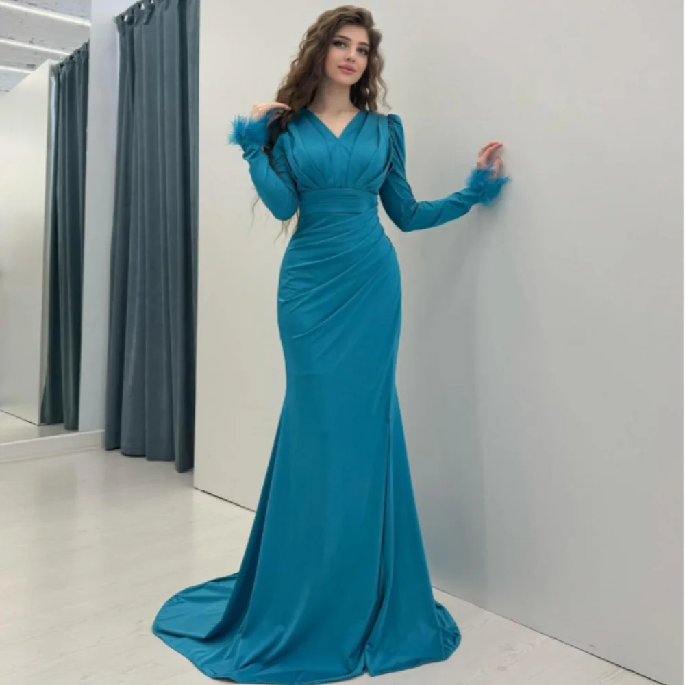 Customized Mermaid V-neck Feathers Prom Gowns Sweep Train Draped Jersey Evening Dresses Long Sleeve Party Dresses
Customized Mermaid V-neck Feathers Prom Gowns Sweep Train Draped Jersey Evening Dresses Long Sleeve Party Dresses