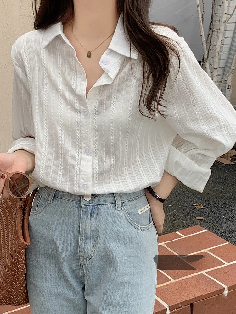 Long Sve Striped Sun Protection irt Thin Spring Design Women's Top Korean Sle Loose Fit Collar White irt
Long Sve Striped Sun Protection irt Thin Spring Design Women's Top Korean Sle Loose Fit Collar White irt