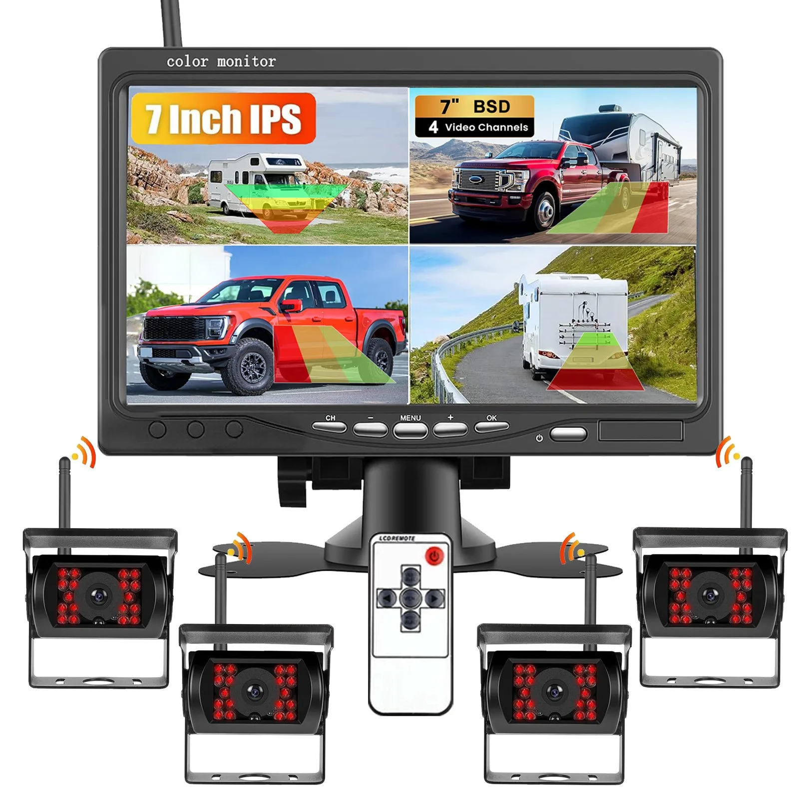 7" 4-Channel Monitor AHD1080P Wireless Backup Camera System BSD AI Detection Night Vision Waterproof 12V24V for Truck RV Trailer
7" 4-Channel Monitor AHD1080P Wireless Backup Camera System BSD AI Detection Night Vision Waterproof 12V24V for Truck RV Trailer