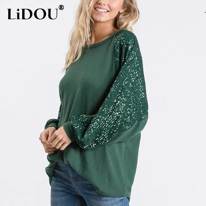 Spring Autumn Round Neck Sequins Patchwork T-shirt Female Long Sleeve Loose Casual Fashion Tee Women All-match Pulloveer Tops
Spring Autumn Round Neck Sequins Patchwork T-shirt Female Long Sleeve Loose Casual Fashion Tee Women All-match Pulloveer Tops