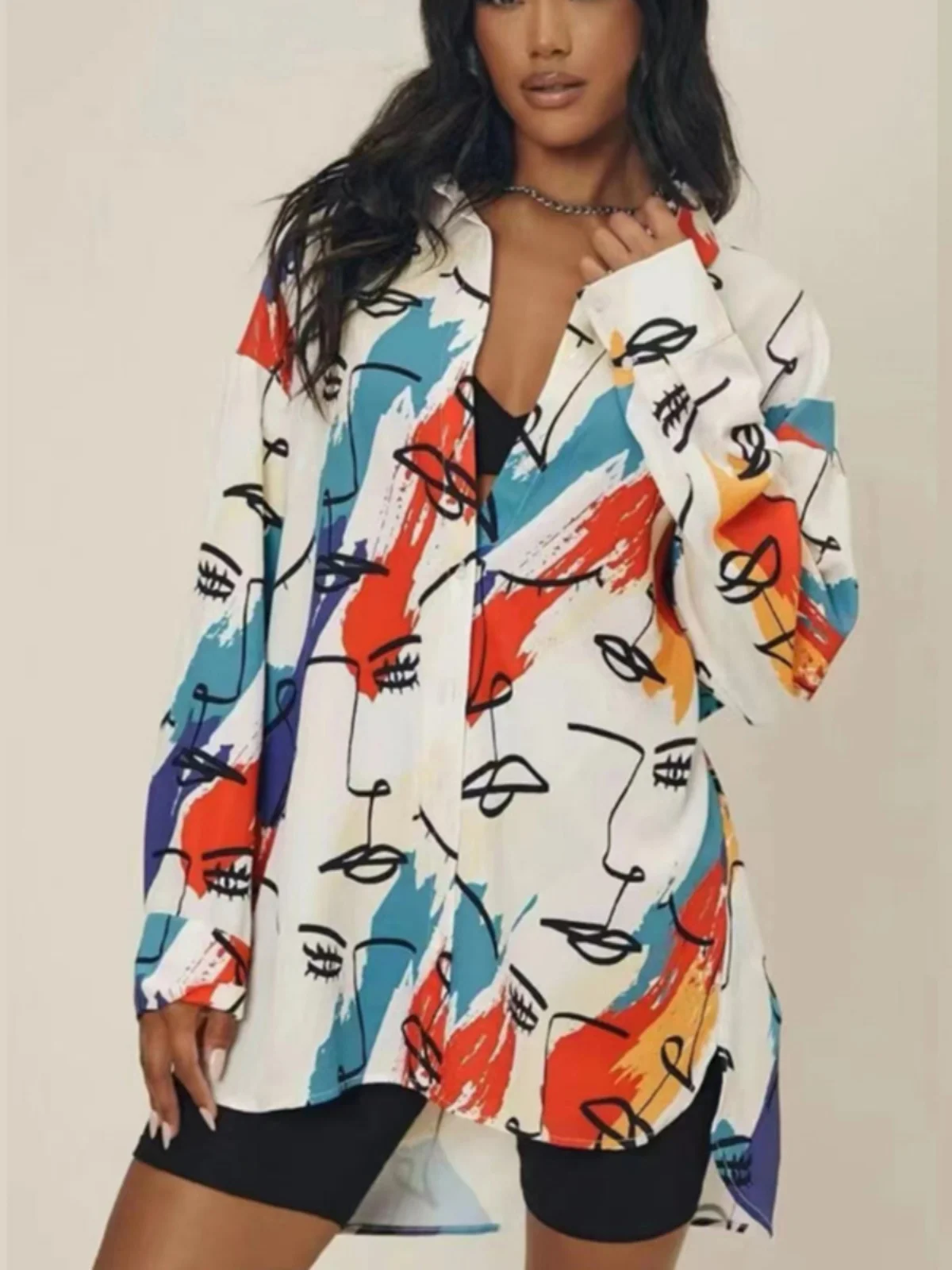 Street Style Graffiti Print Loose Long Sleeve Shirt Fashionable Autumn Women's Collar Button Detail Medium Length Shirt
Street Style Graffiti Print Loose Long Sleeve Shirt Fashionable Autumn Women's Collar Button Detail Medium Length Shirt