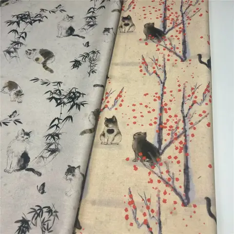 Chinese ink wash style bamboo cat patchwork cotton plain fabric DIY handmade