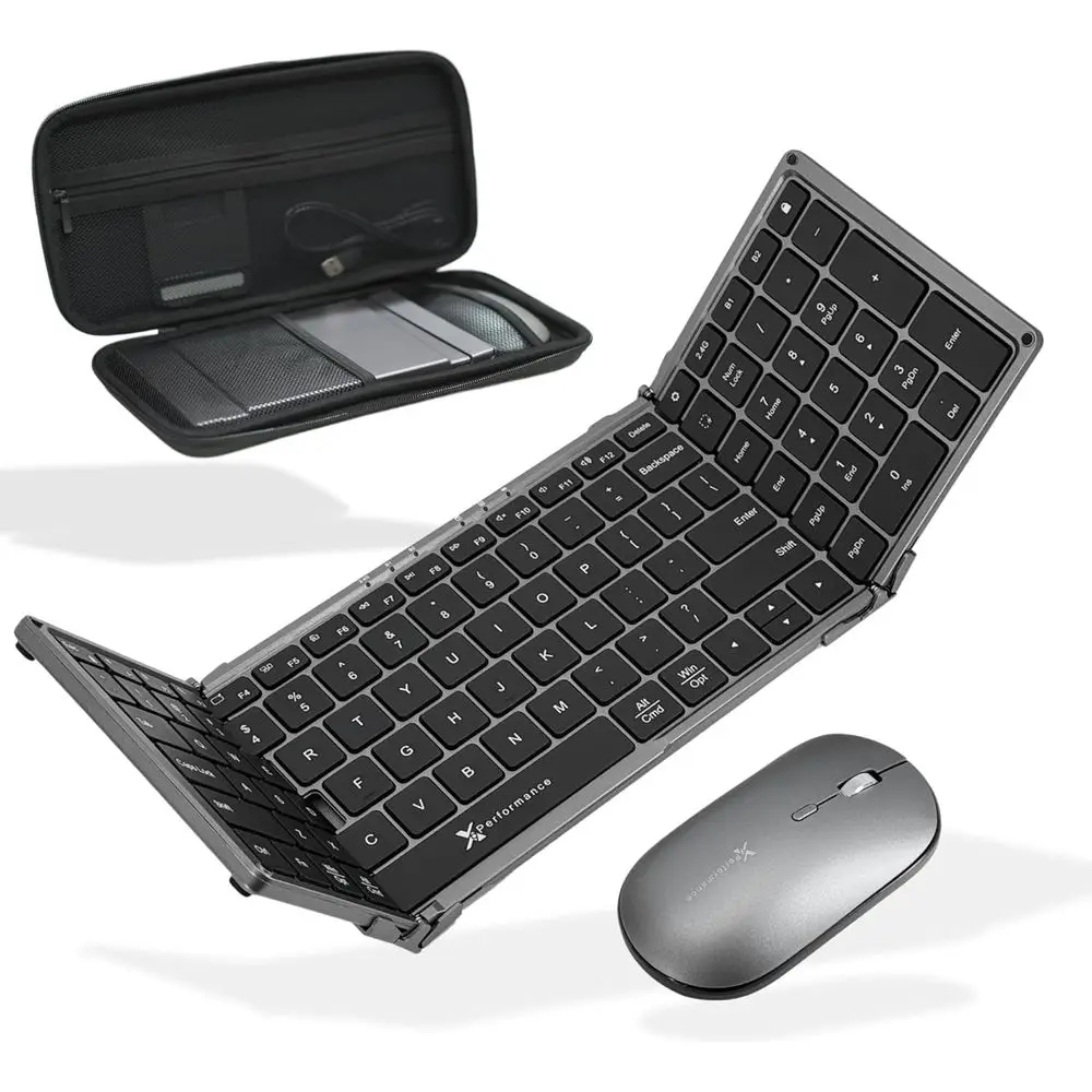 Wireless Bluetooth & 2.4GHz Keyboard and Mouse Set with Carrying Case, Stand, Full-Sized Keys, Rechargeable - Portable Space Gra