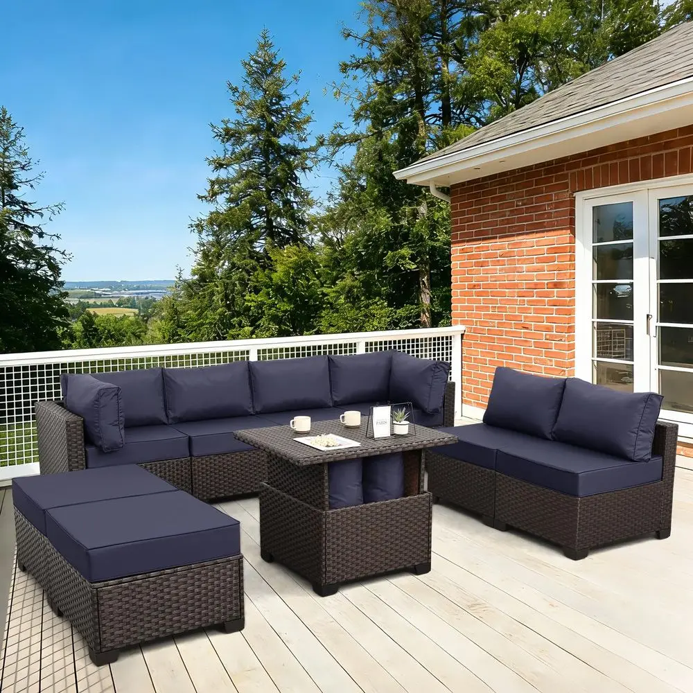 9 Pieces Wicker Patio Furniture Set Outdoor PE Rattan Sectional Conversation Sofa Set with Navy Blue Cushions and Storage Table
9 Pieces Wicker Patio Furniture Set Outdoor PE Rattan Sectional Conversation Sofa Set with Navy Blue Cushions and Storage Table