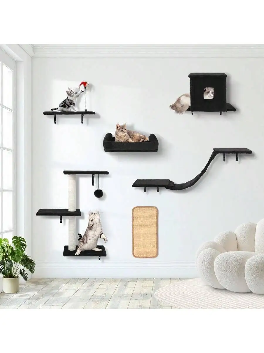 6-In-1 Wall Mounted Cat Furniture Set With House Bed Tree Bridge Steps Scratching Board Black
6-In-1 Wall Mounted Cat Furniture Set With House Bed Tree Bridge Steps Scratching Board Black