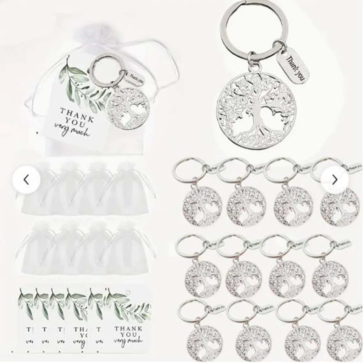 12 piece set of Tree of Life keychain gift, including 12 green leaf thank-you cards, 12 white organza bags, and 12 hollow metal
12 piece set of Tree of Life keychain gift, including 12 green leaf thank-you cards, 12 white organza bags, and 12 hollow metal