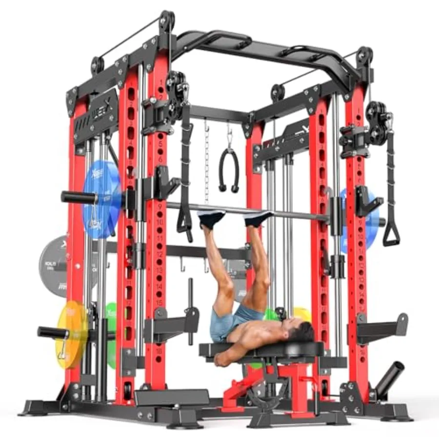 Home gym squat rack with steel frame, black finish, multi-purpose Smith machine and cable crossover system for strength trainin
Home gym squat rack with steel frame, black finish, multi-purpose Smith machine and cable crossover system for strength trainin