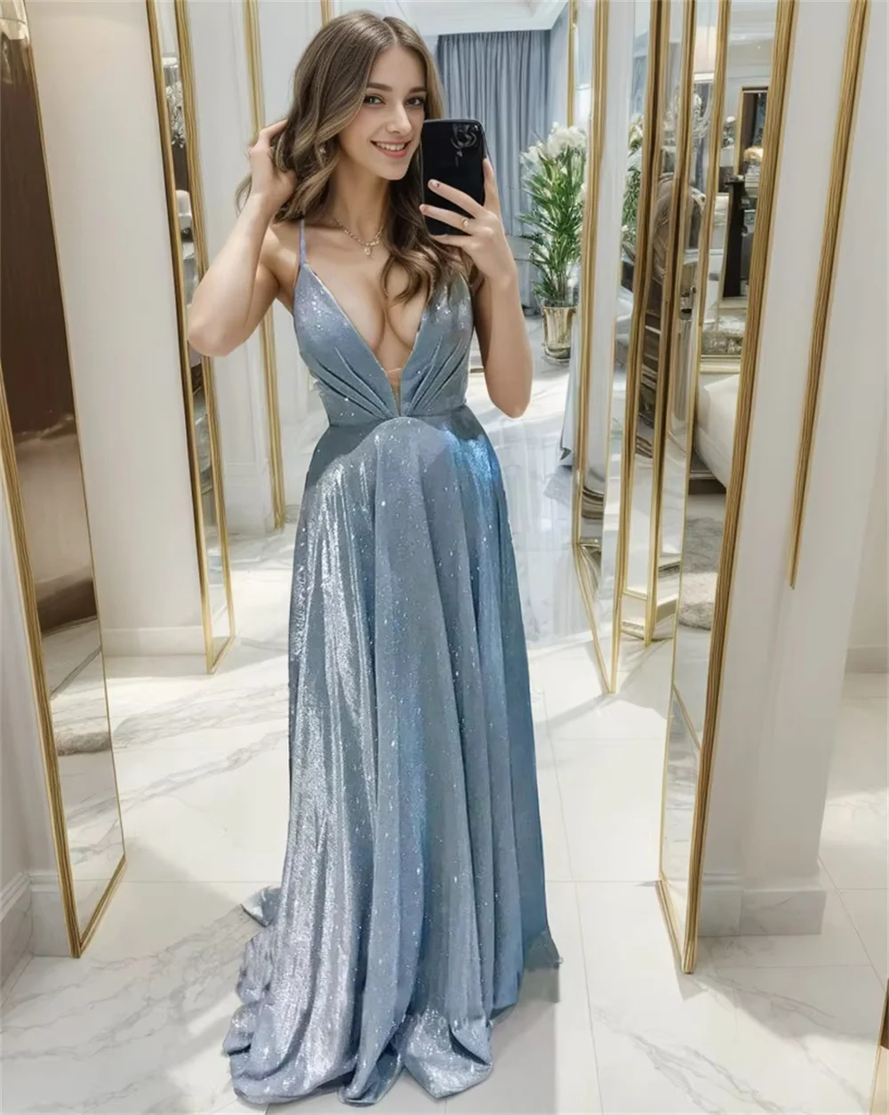 Customized haze blue spaghetti strap open-back floor-length gown with fitted waist, soft flowing skirt shows gentle temperament,
Customized haze blue spaghetti strap open-back floor-length gown with fitted waist, soft flowing skirt shows gentle temperament,