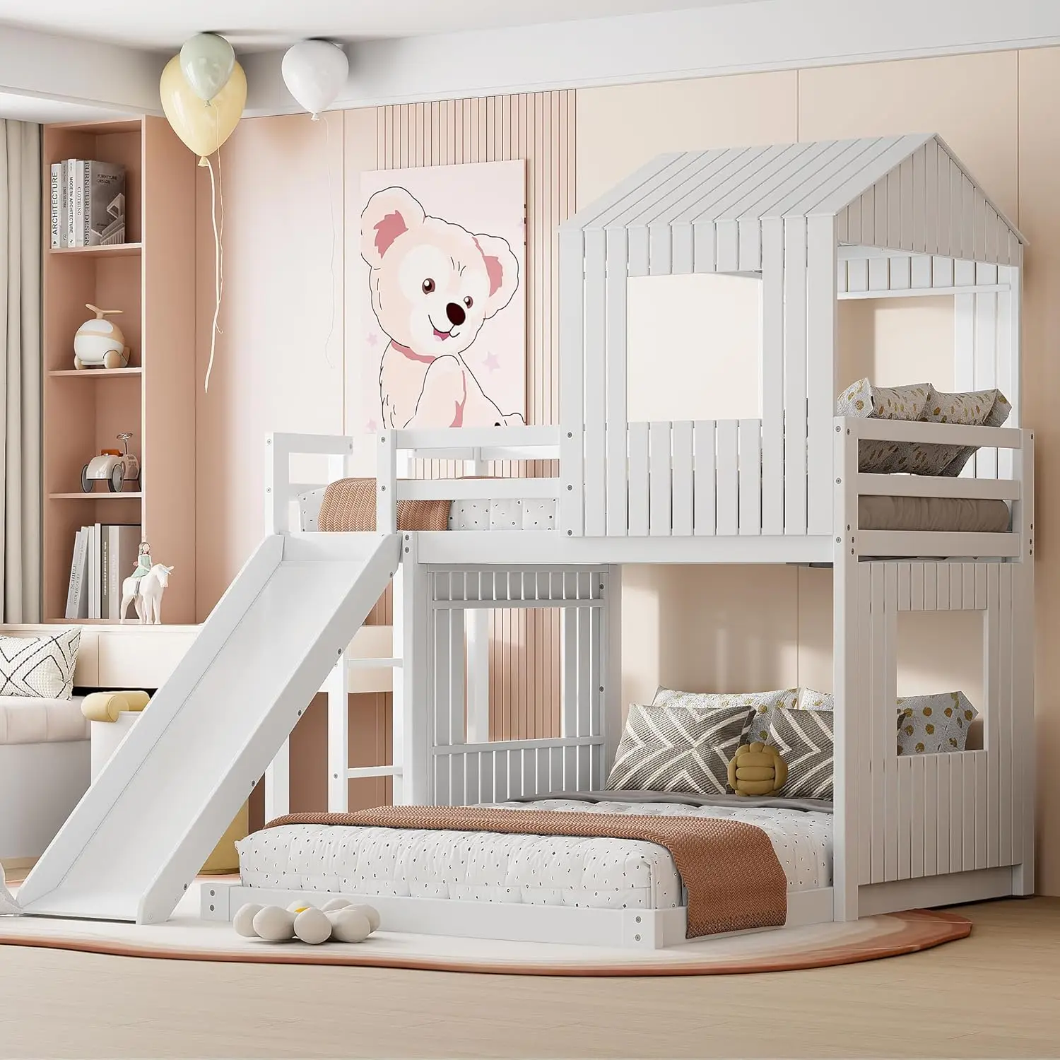 Bunk Bed With Slide, House Bunk Beds Twin Over Full Bunk Beds Wood Playhouse Bunkbed For Kids Toddlers Girls/Boys, White
Bunk Bed With Slide, House Bunk Beds Twin Over Full Bunk Beds Wood Playhouse Bunkbed For Kids Toddlers Girls/Boys, White