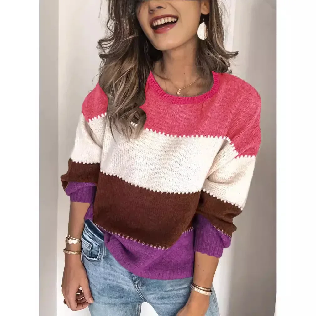Pop New 2025 Autumn Winter Women's Pullovers Tops Female Contrast Stripe O-neck Long Sleeve Sweaters Women's Loose Warm Knitwear
Pop New 2025 Autumn Winter Women's Pullovers Tops Female Contrast Stripe O-neck Long Sleeve Sweaters Women's Loose Warm Knitwear
