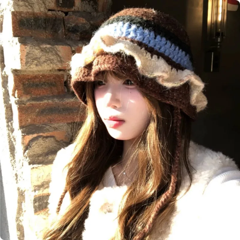 Japanese Sweet Hand-woven Ruffled Knitted Bucket Hat Women's Autumn and Winter Color-blocking Striped Warm Lace-up Basin Caps
Japanese Sweet Hand-woven Ruffled Knitted Bucket Hat Women's Autumn and Winter Color-blocking Striped Warm Lace-up Basin Caps