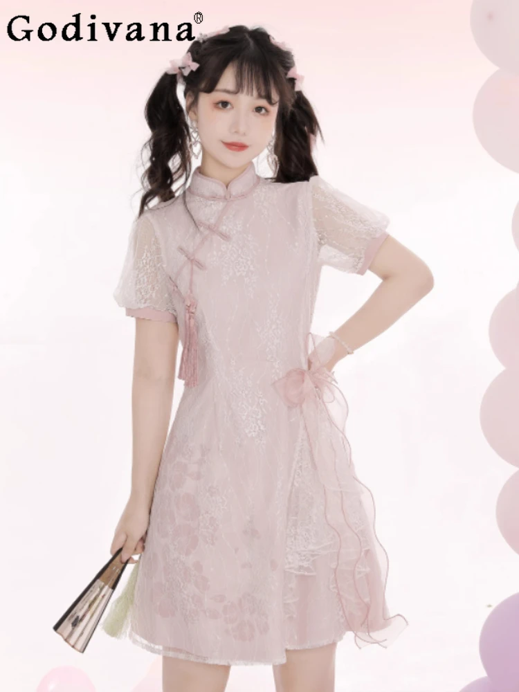 Lolita Sweet Princess New Chinese Short Sleeve Elegant Summer Dress Fashion High Waist A-line Stand-up Collar Bow Pink Dresses
Lolita Sweet Princess New Chinese Short Sleeve Elegant Summer Dress Fashion High Waist A-line Stand-up Collar Bow Pink Dresses