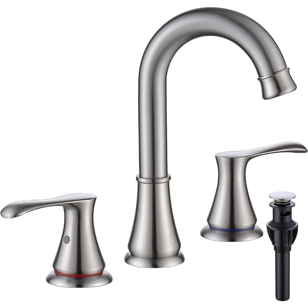 3-Hole 8-Inch Brass Widespread Faucet, 2-Handle 360° Swivel with Drain, cUPC Hose (Brushed Nickel)
3-Hole 8-Inch Brass Widespread Faucet, 2-Handle 360° Swivel with Drain, cUPC Hose (Brushed Nickel)