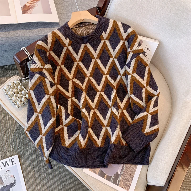 Women's Winter Brown Diamond Grid O-neck Long Sleeved Sweater Y2K Japanese College Retro 2000s Top Sweater 2024 Winter Clothing
Women's Winter Brown Diamond Grid O-neck Long Sleeved Sweater Y2K Japanese College Retro 2000s Top Sweater 2024 Winter Clothing