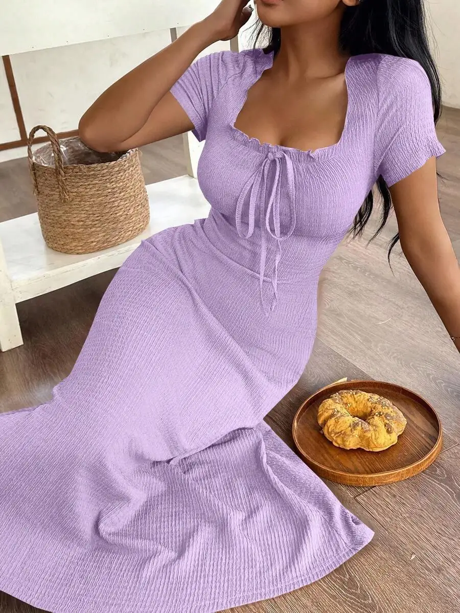 Womens Solid Color Square Neck Tie Front Ruffle Trim Maxi Lounge Dress
Womens Solid Color Square Neck Tie Front Ruffle Trim Maxi Lounge Dress