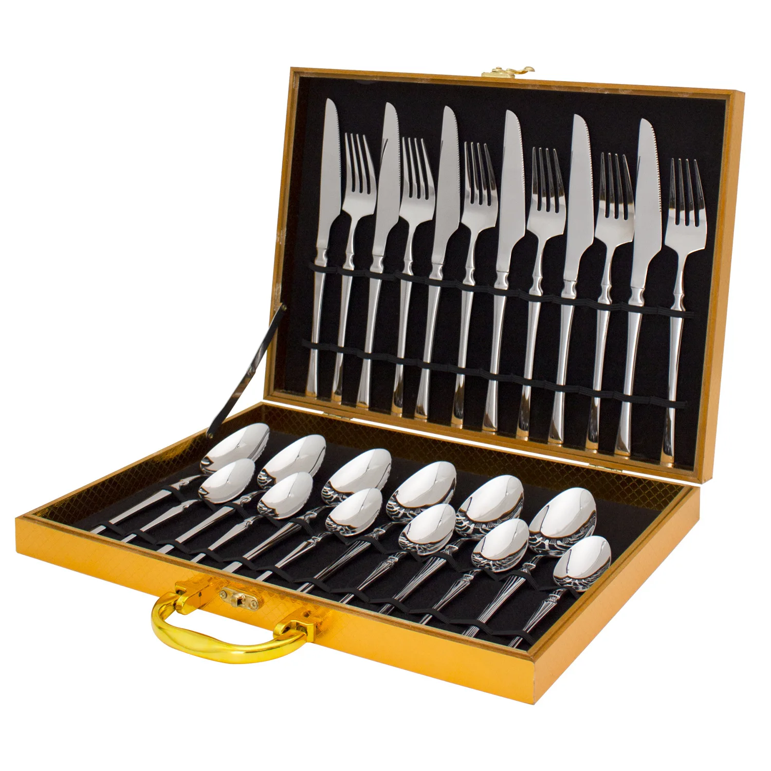 24 PCS Stainless Steel Cutlery Set knife fork spoon with Exquisite Patterns Luxurious Gift Box Perfect for Home Use and Gifting
24 PCS Stainless Steel Cutlery Set knife fork spoon with Exquisite Patterns Luxurious Gift Box Perfect for Home Use and Gifting