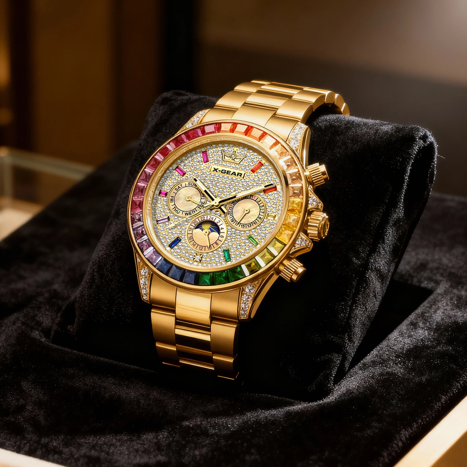 Luxury Men's Gold Watch Colorful Gemstone Bezel Waterproof Mechanical Watch for Elegant Fashion
Luxury Men's Gold Watch Colorful Gemstone Bezel Waterproof Mechanical Watch for Elegant Fashion