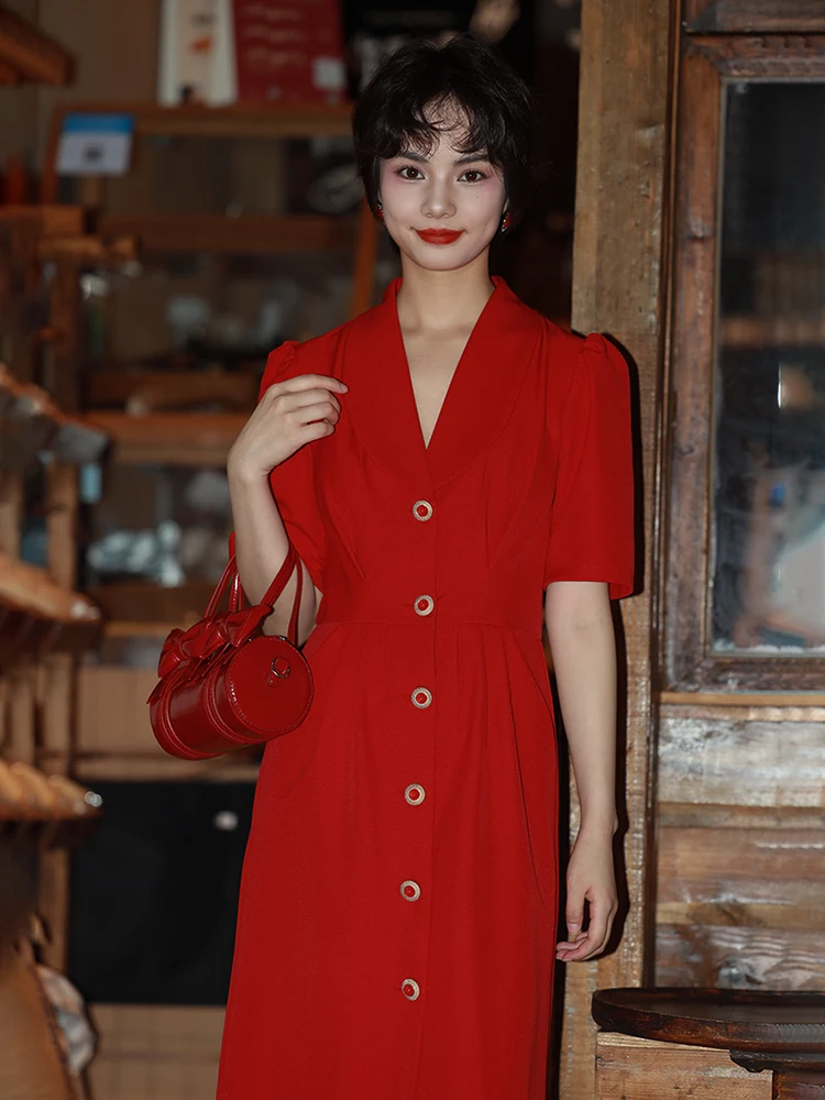 Red V-Neck Short Sleeve Waist-Cinching Vintage Style Wedding Dress by Nan Jun Hong Bubble Sleeve High Waist Polyester Dress
Red V-Neck Short Sleeve Waist-Cinching Vintage Style Wedding Dress by Nan Jun Hong Bubble Sleeve High Waist Polyester Dress