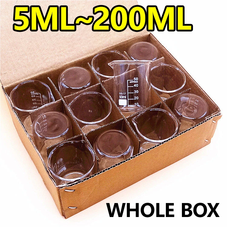 1 box glass beaker with scale 5ml10ml25ml50ml100ml150ml200ml high borosilicate glass
1 box glass beaker with scale 5ml10ml25ml50ml100ml150ml200ml high borosilicate glass