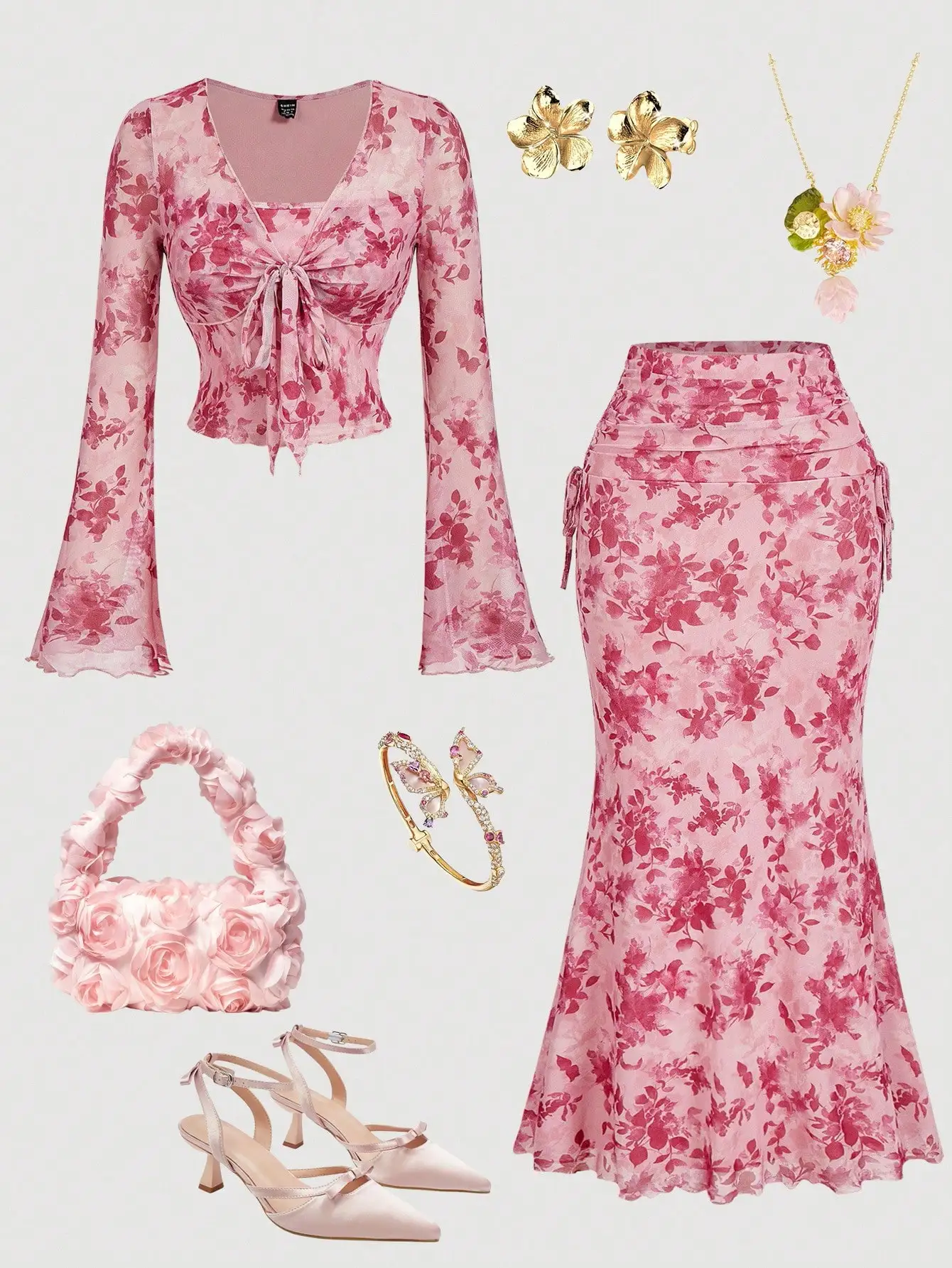 Розовый комплект из двух предметов с цветочным принтом: топ с длинными рукавами и завязками спереди и облегающая юбка миди.
Розовый комплект из двух предметов с цветочным принтом: топ с длинными рукавами и завязками спереди и облегающая юбка миди.