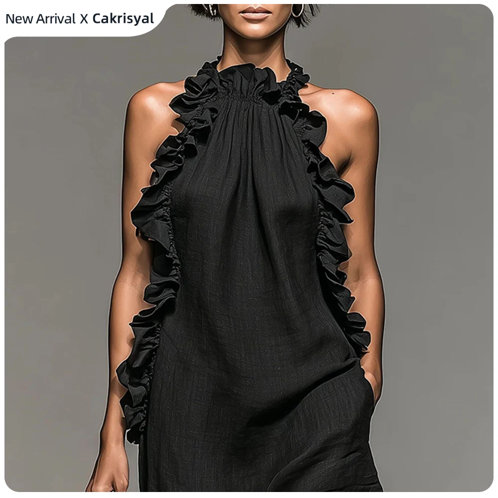 Women's Elegant Ruffle Maxi Dress Black Round Neck Sleeveless Chic Loose Summer Dress With Pockets Beach Vacation Casual Dresses
Women's Elegant Ruffle Maxi Dress Black Round Neck Sleeveless Chic Loose Summer Dress With Pockets Beach Vacation Casual Dresses